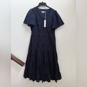 Chicos Navy Eyelet Midi Dress with Flutter Sleeves